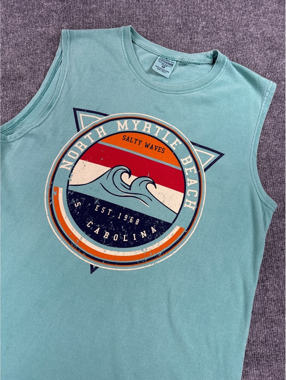 Vintage Vaca Myrtle Beach Teal Cotton Tank Retro Beach Surf Graphic, M [COPY]